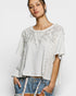 Woman wearing a white lace top and denim shorts on a plain background