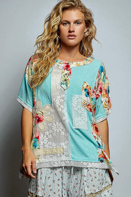 Aqua Floral Patchwork Top