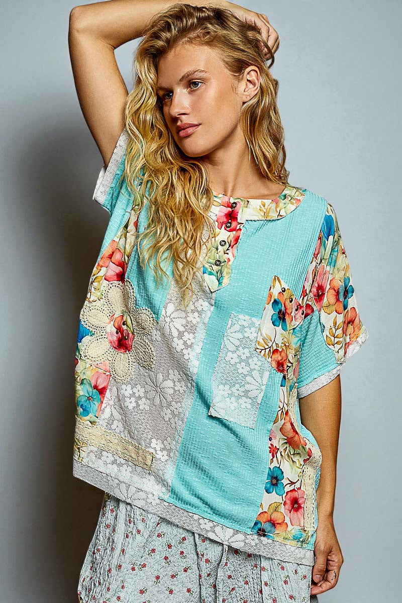Aqua Floral Patchwork Top