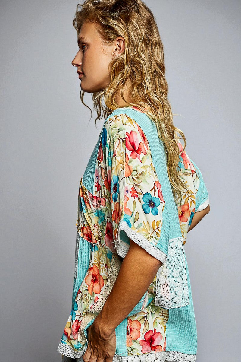 Aqua Floral Patchwork Top
