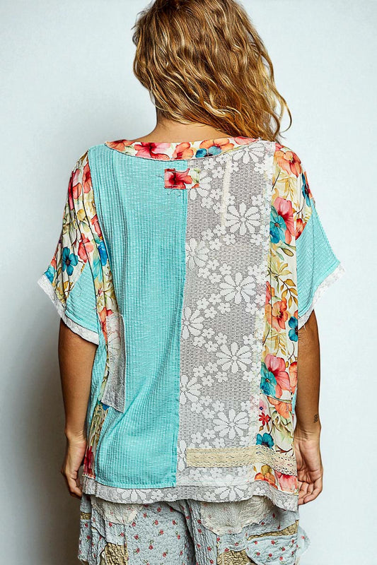 Aqua Floral Patchwork Top