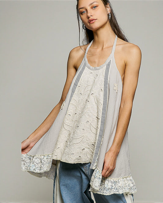 Pale Stone Lace Trim Halter Tunic Top