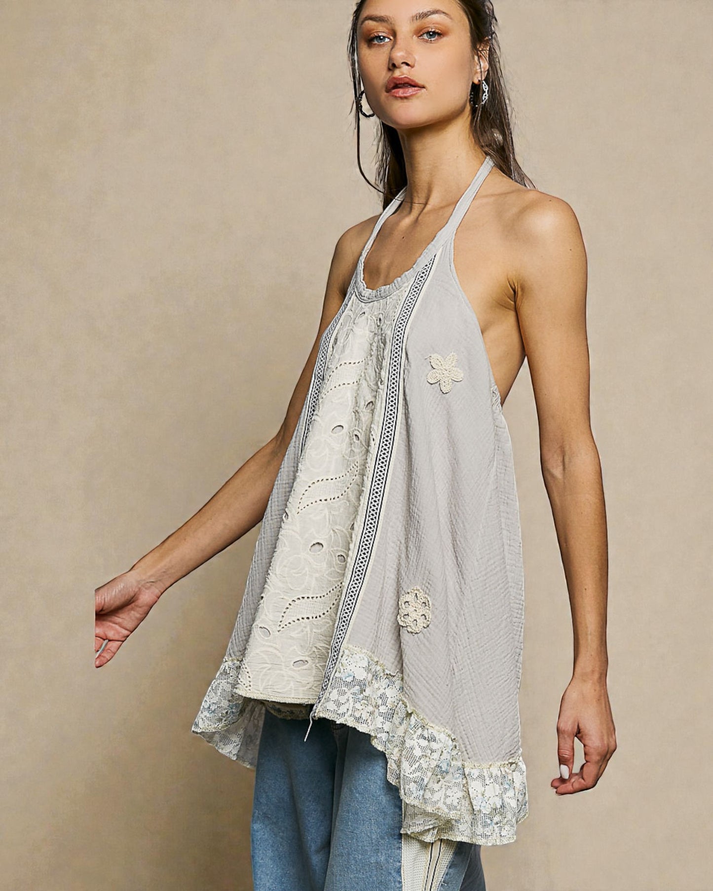 Pale Stone Lace Trim Halter Tunic Top
