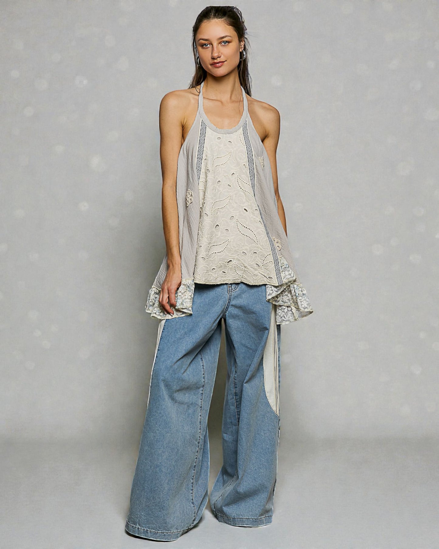 Pale Stone Lace Trim Halter Tunic Top