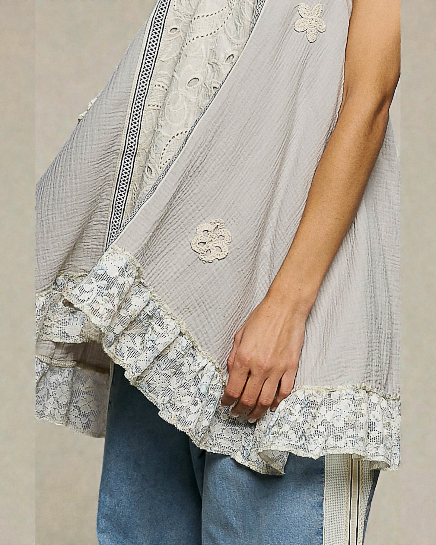 Pale Stone Lace Trim Halter Tunic Top