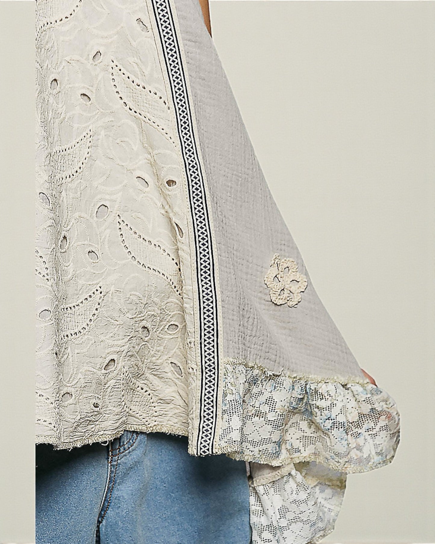 Pale Stone Lace Trim Halter Tunic Top