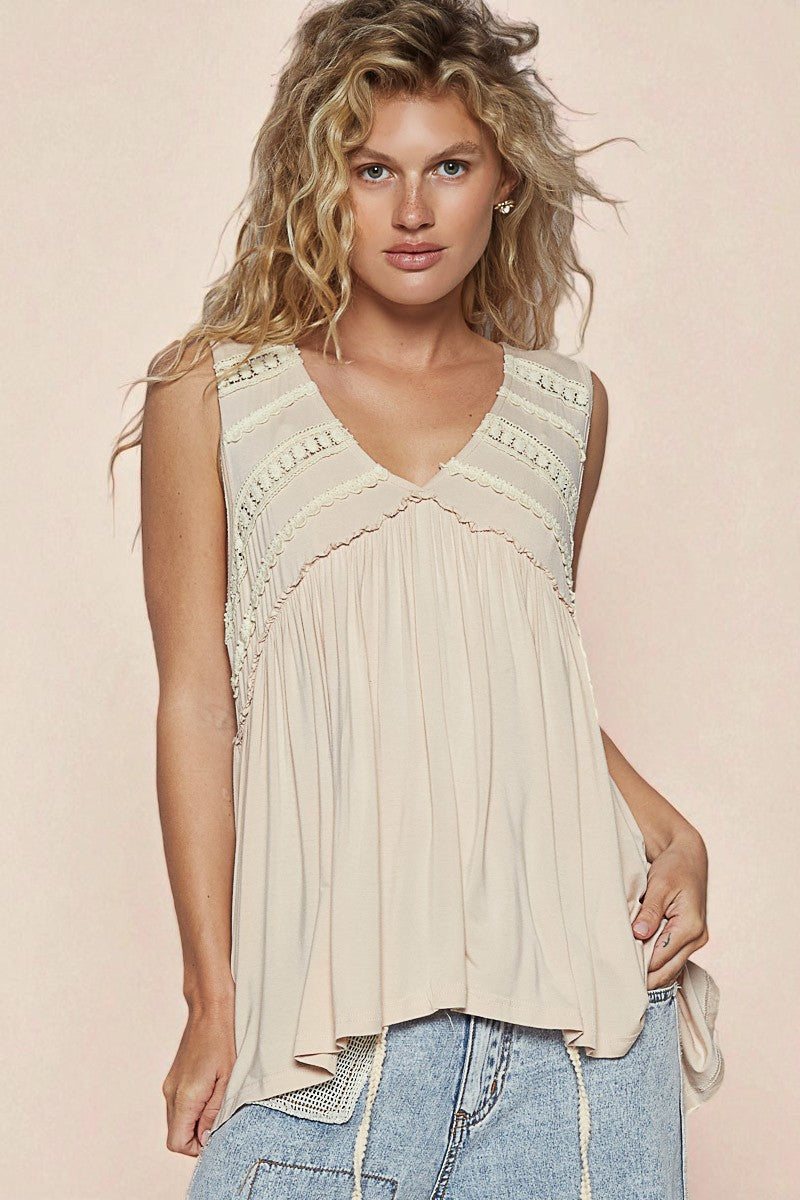 Almond Lace Trim Pleated Tank