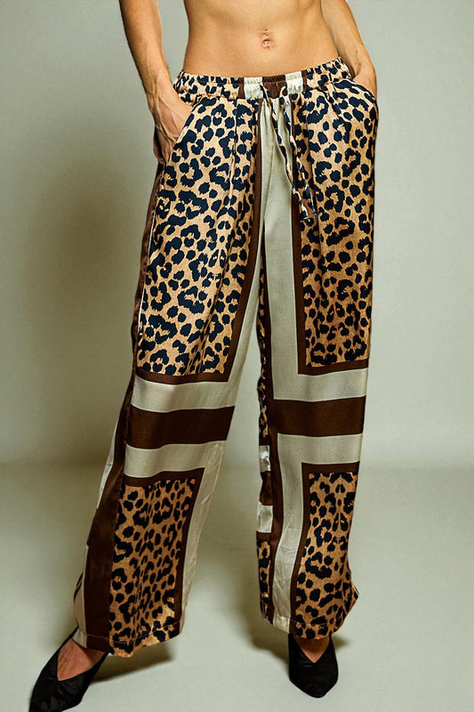 Leopard Print Satin Wide Leg Pants