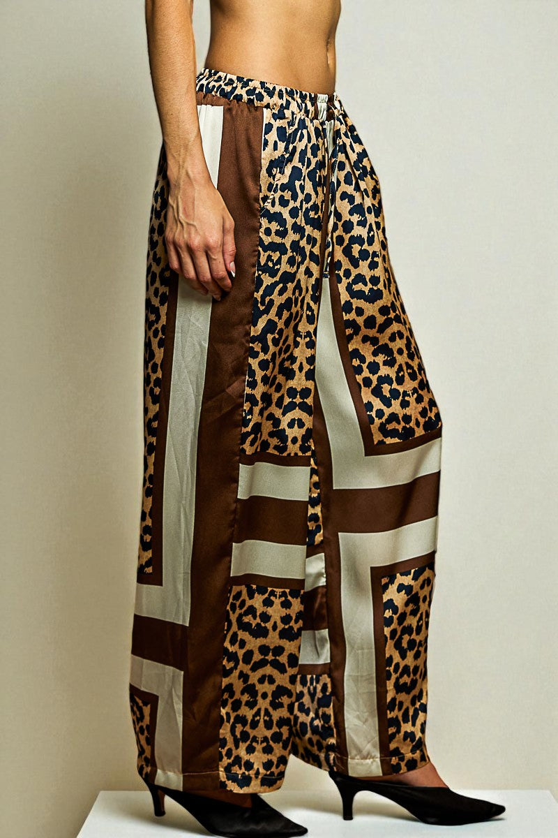 Leopard Print Satin Wide Leg Pants