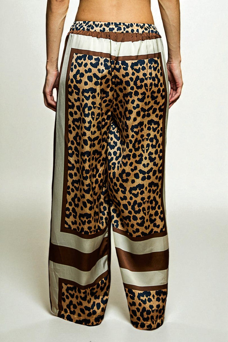 Leopard Print Satin Wide Leg Pants