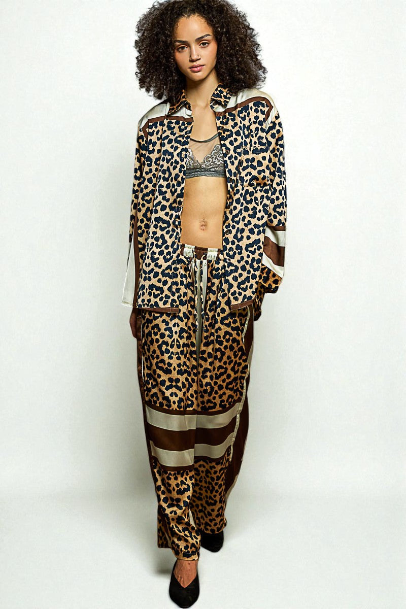 Leopard Print Satin Wide Leg Pants