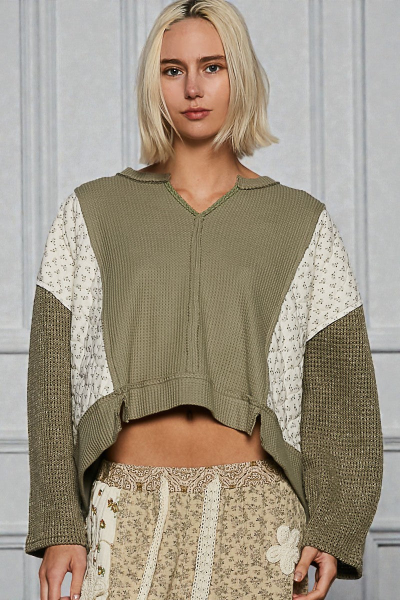 Olive Patchwork Cropped Waffle Knit Top