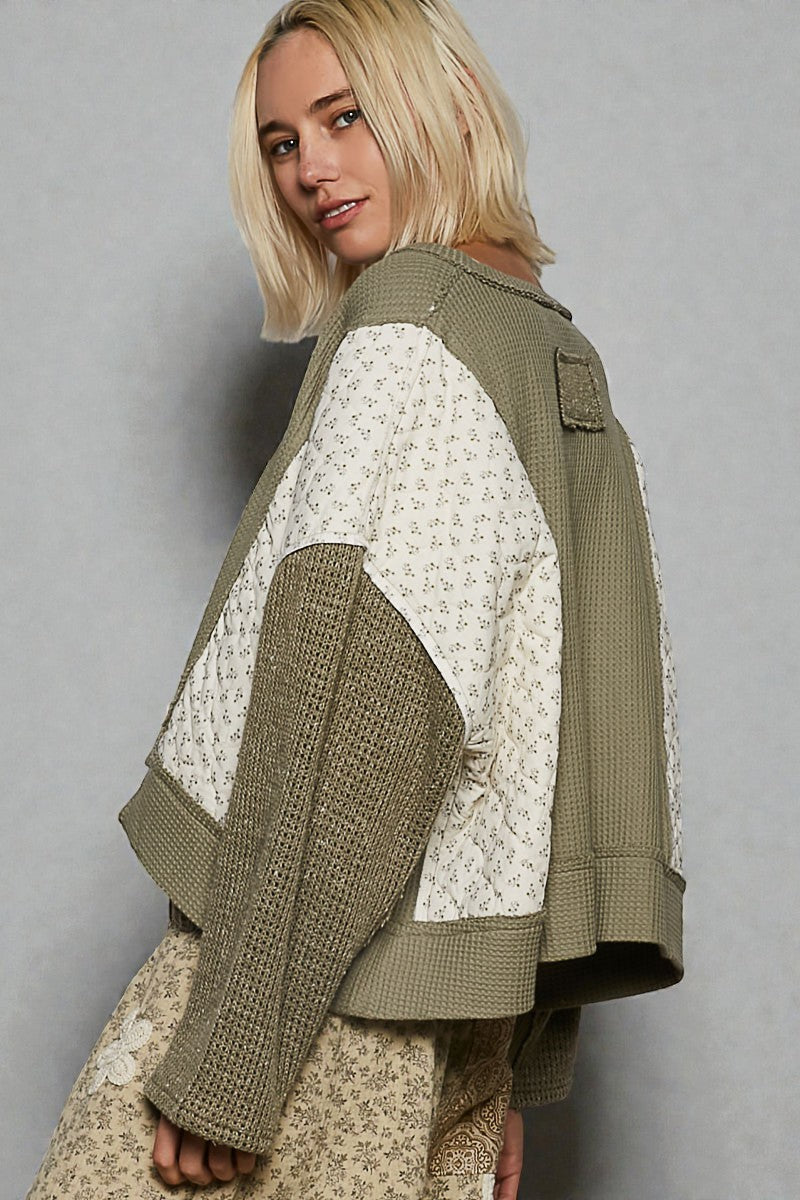 Olive Patchwork Cropped Waffle Knit Top