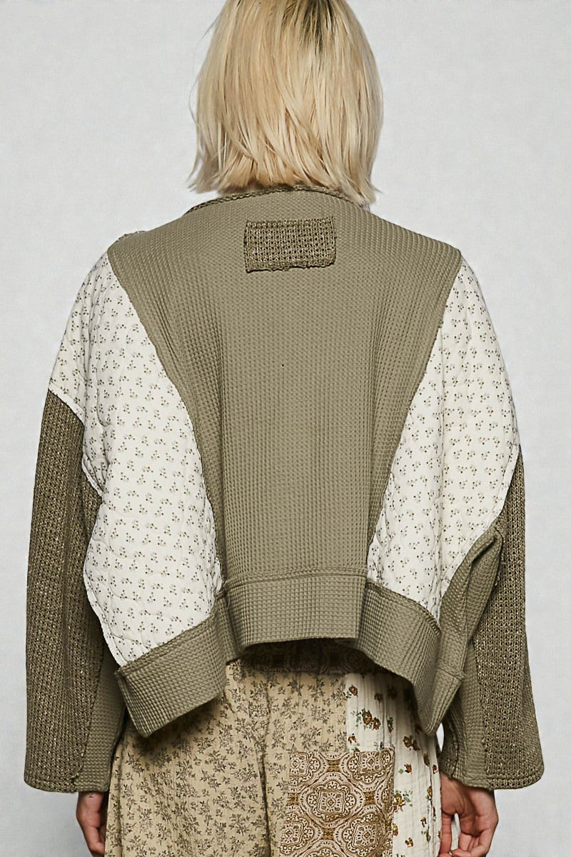 Olive Patchwork Cropped Waffle Knit Top