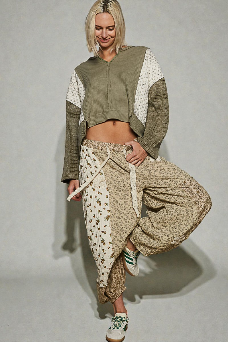 Olive Patchwork Cropped Waffle Knit Top