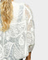 White lace cardigan worn by a person with blonde hair on a plain background