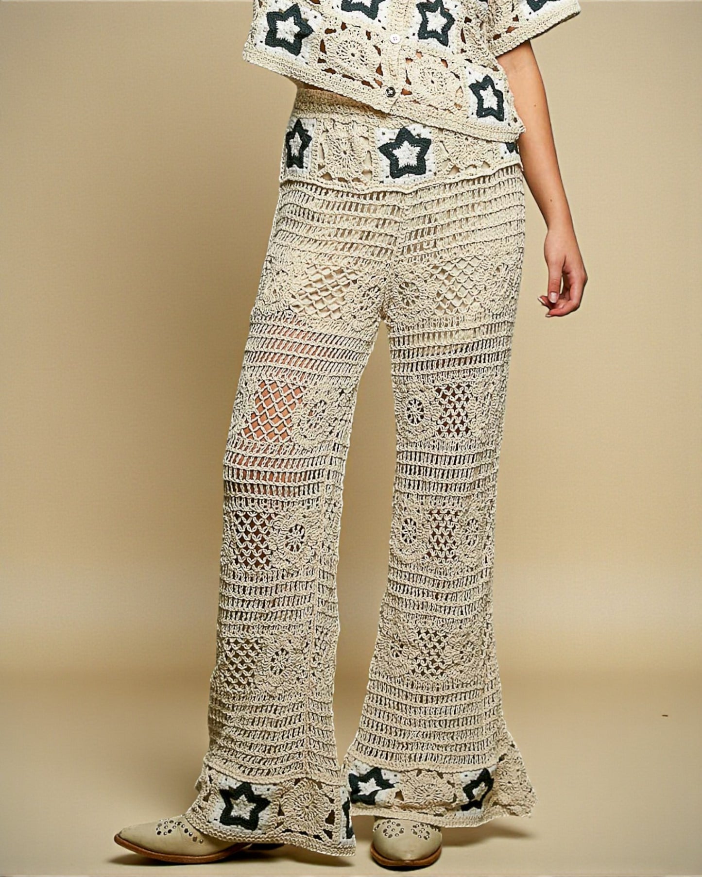 Natural Crochet Star Flare Leg Pants