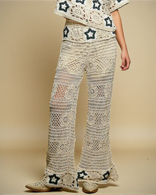 Natural Crochet Star Flare Leg Pants