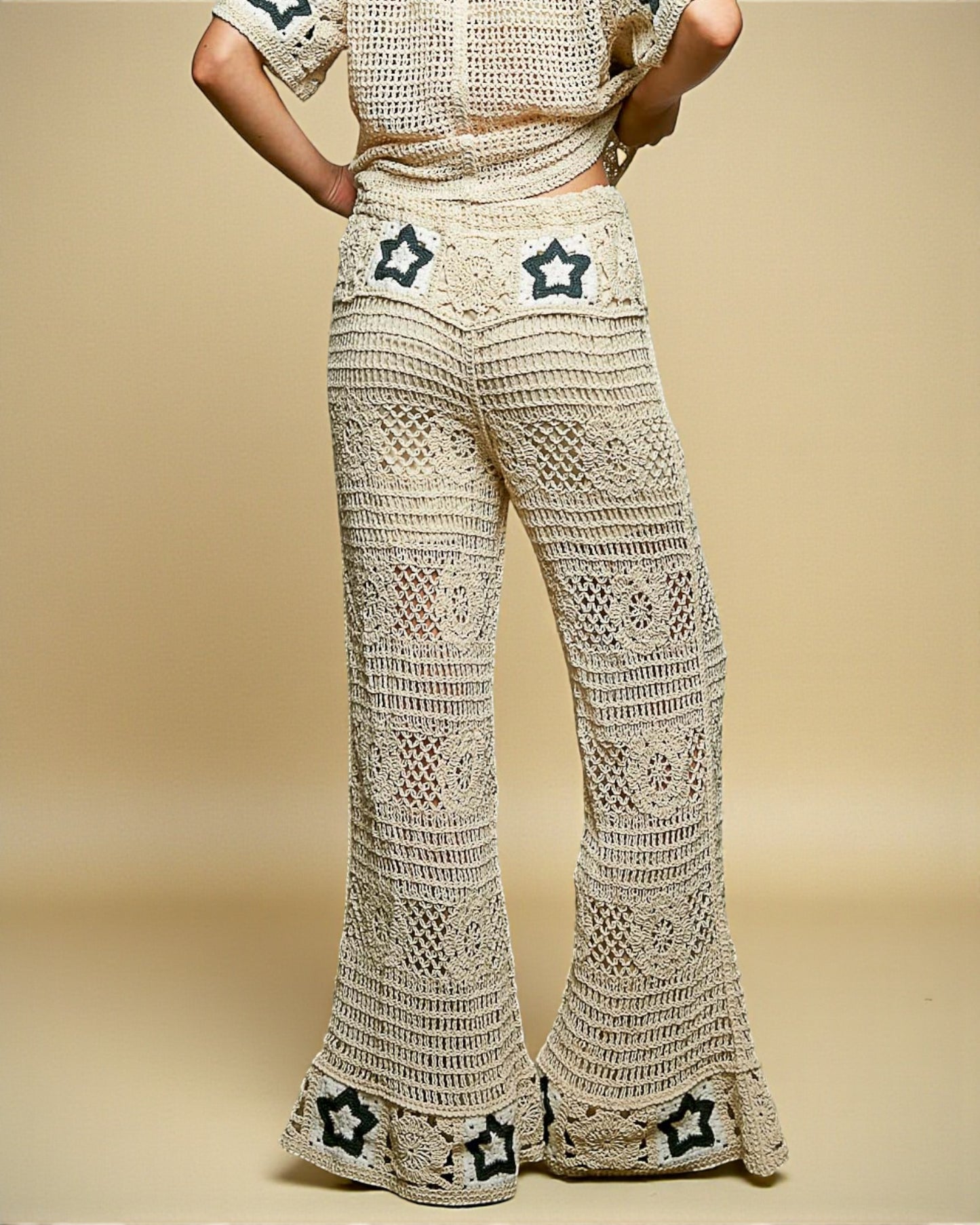 Natural Crochet Star Flare Leg Pants