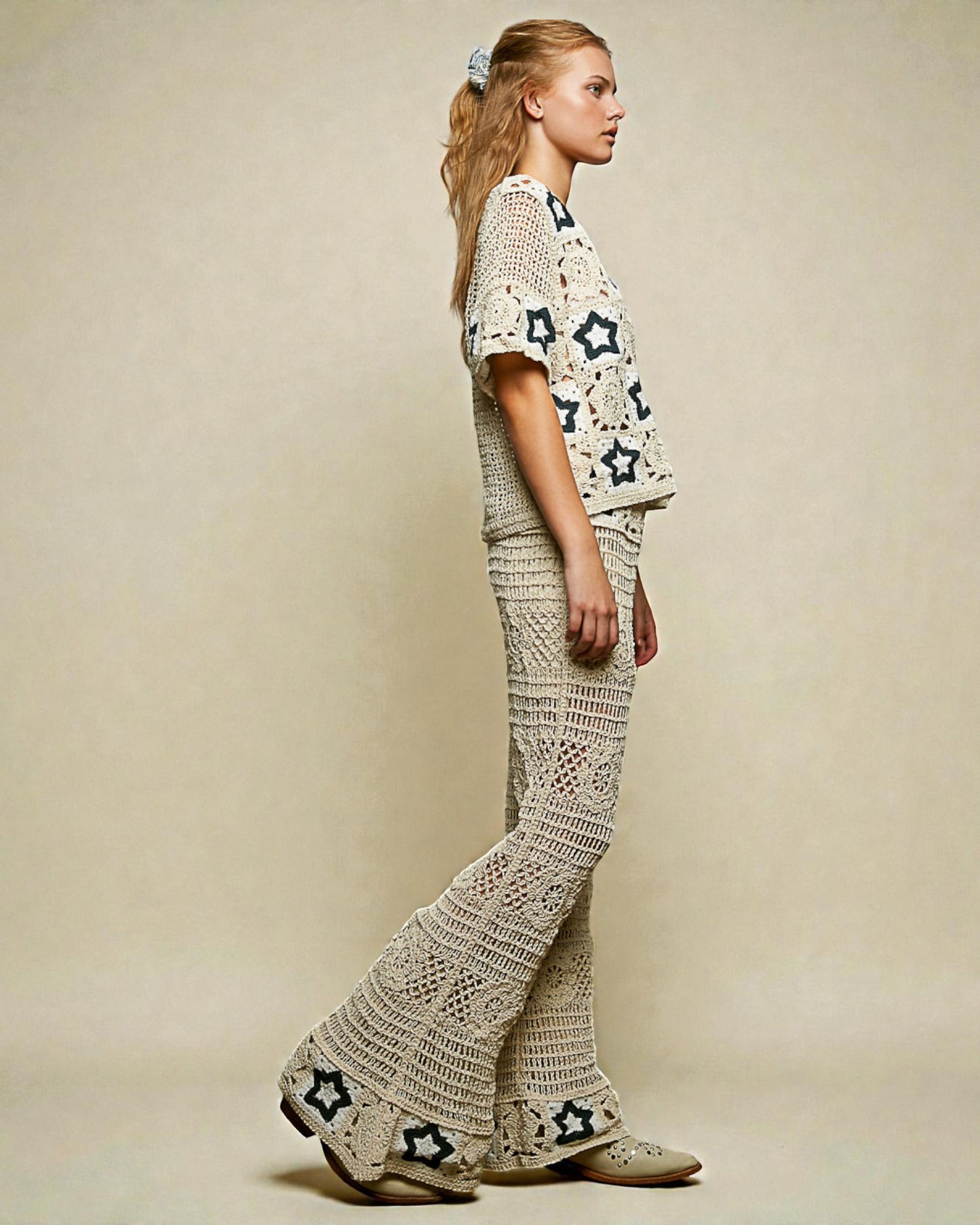 Natural Crochet Star Flare Leg Pants