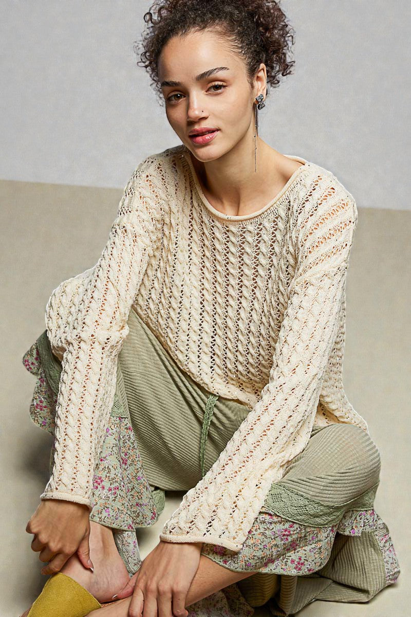 Creamy Ivory Lace Knit Long Sleeve Top