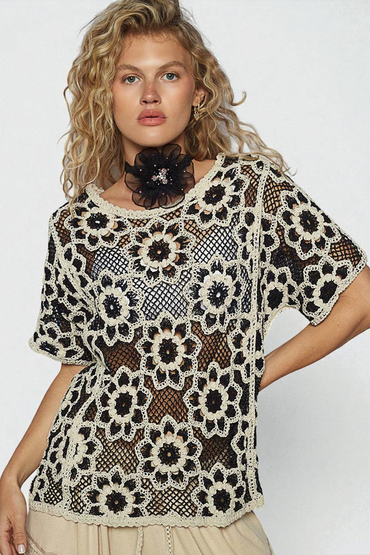 Black & Ivory Crochet Floral Top