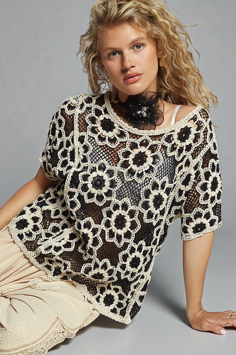 Black & Ivory Crochet Floral Top