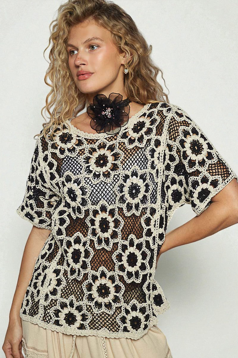 Black & Ivory Crochet Floral Top