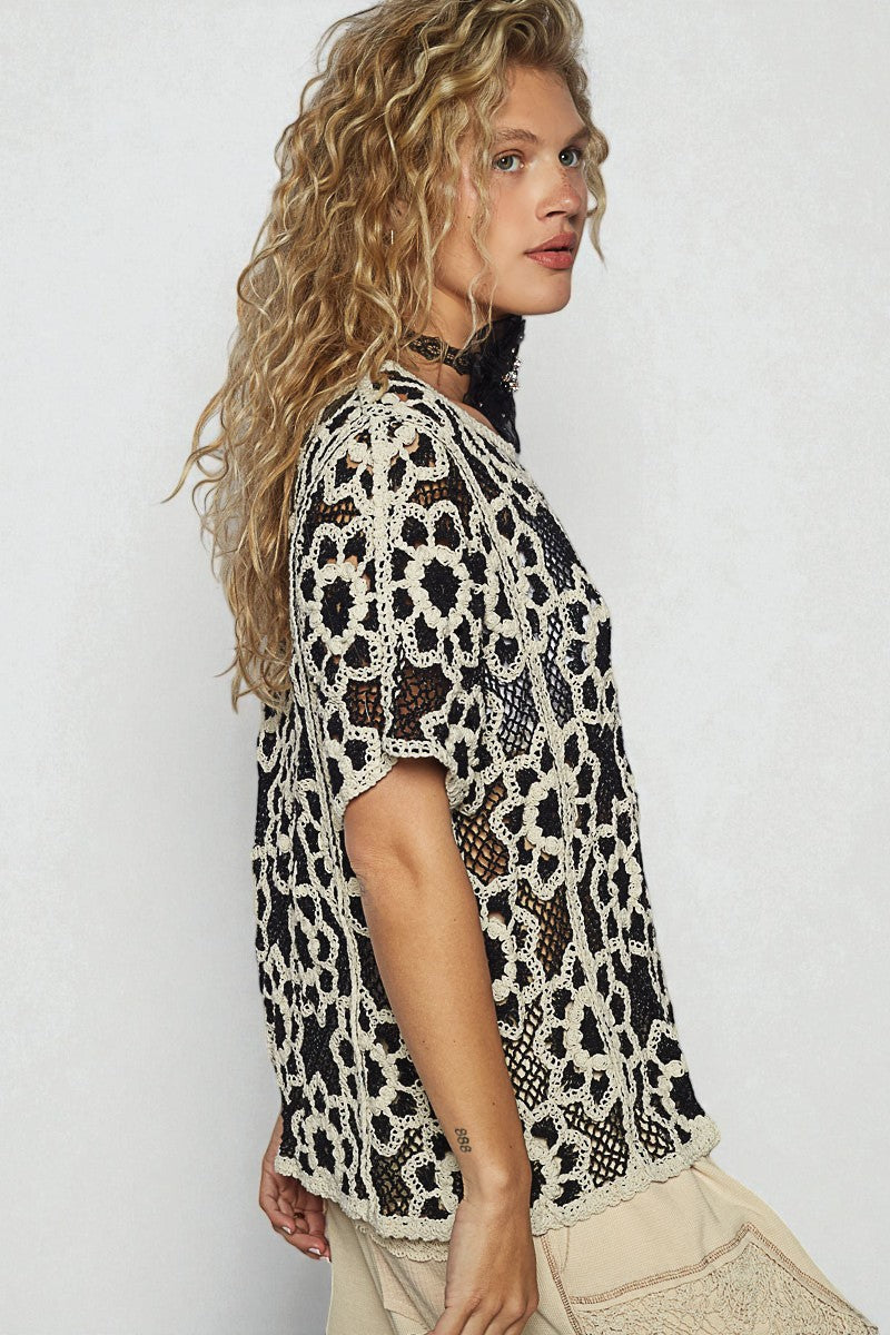 Black & Ivory Crochet Floral Top