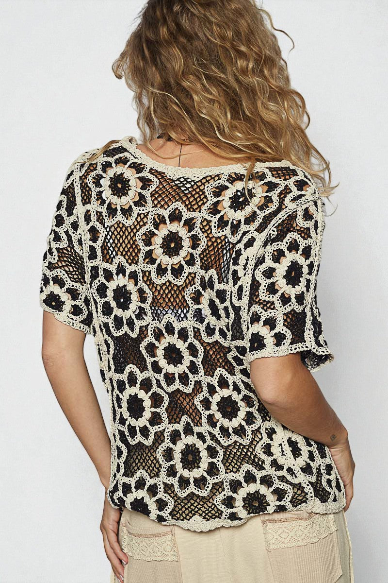 Black & Ivory Crochet Floral Top