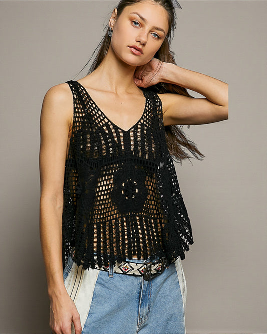 Black Crochet V-Neck Sleeveless Tank