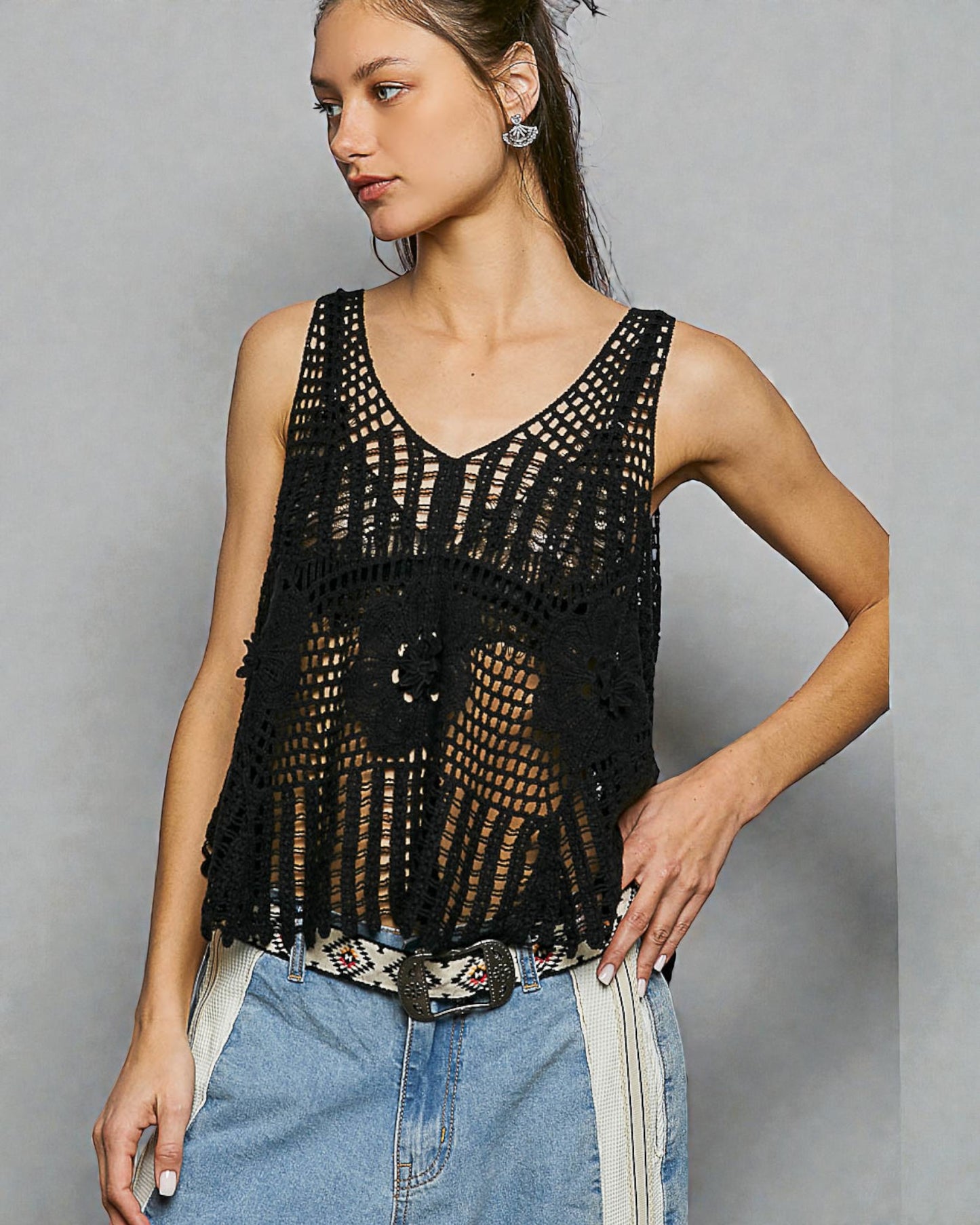 Black Crochet V-Neck Sleeveless Tank