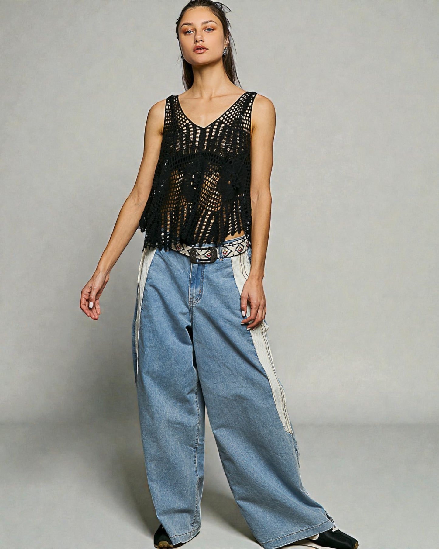 Black Crochet V-Neck Sleeveless Tank