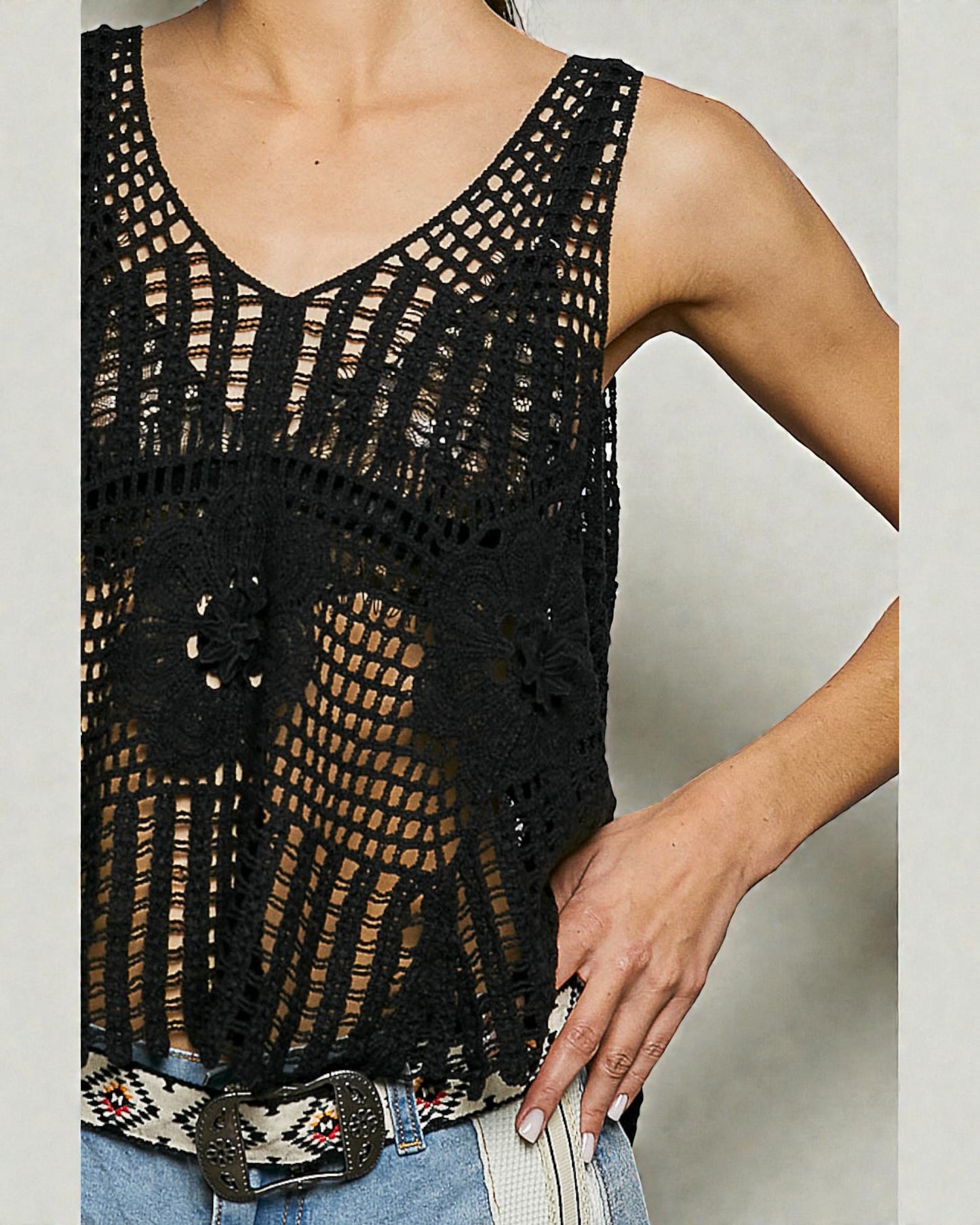 Black Crochet V-Neck Sleeveless Tank