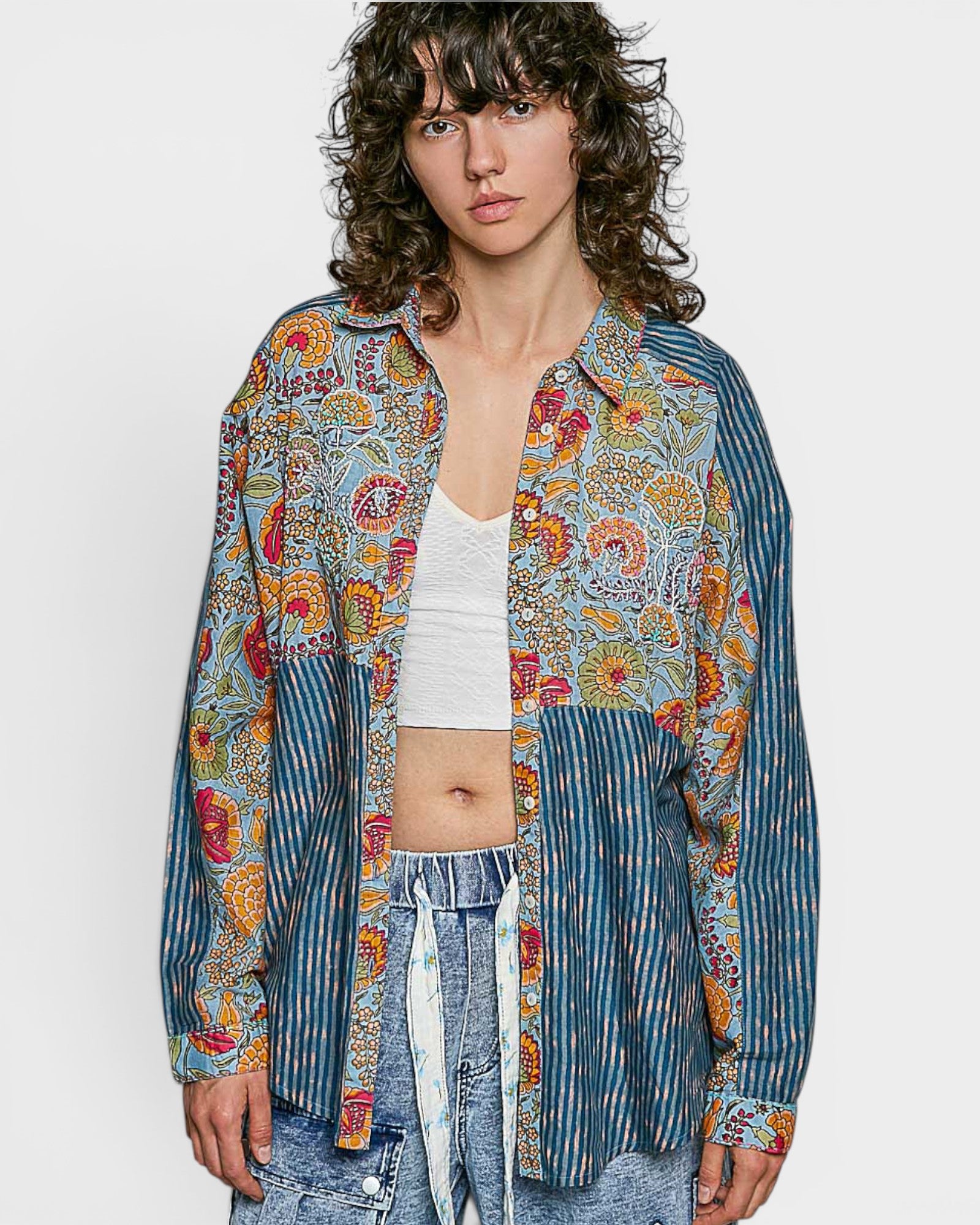 Blue Floral Stripe Button Front Shirt