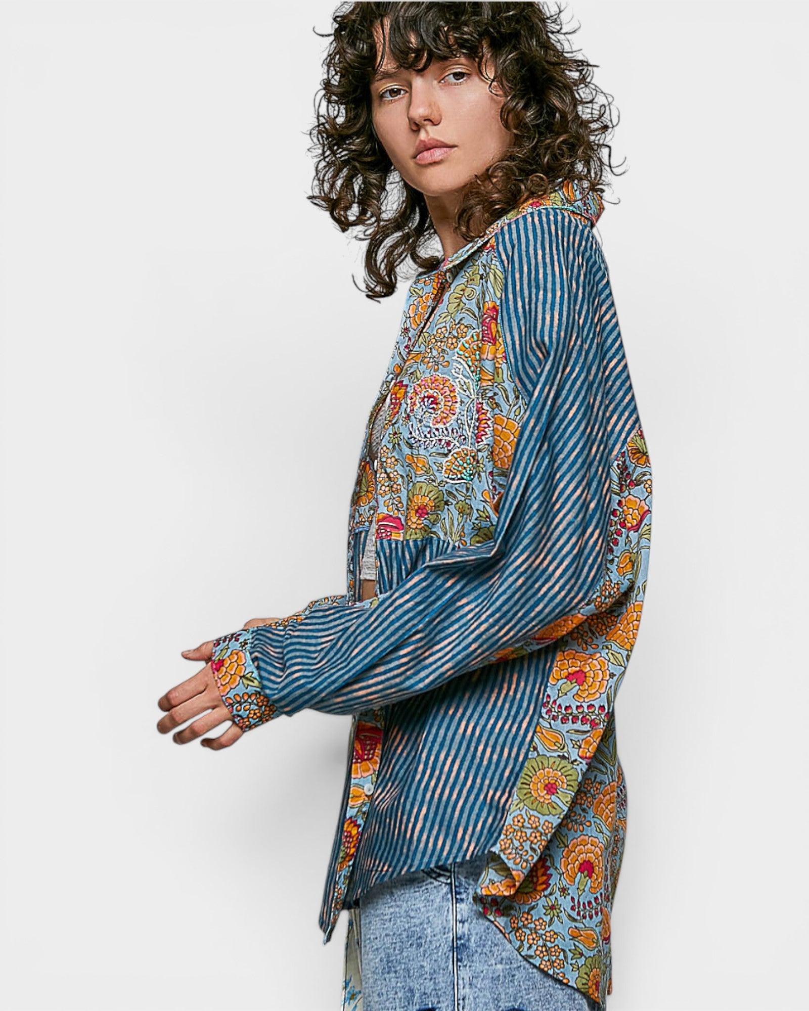 Blue Floral Stripe Button Front Shirt