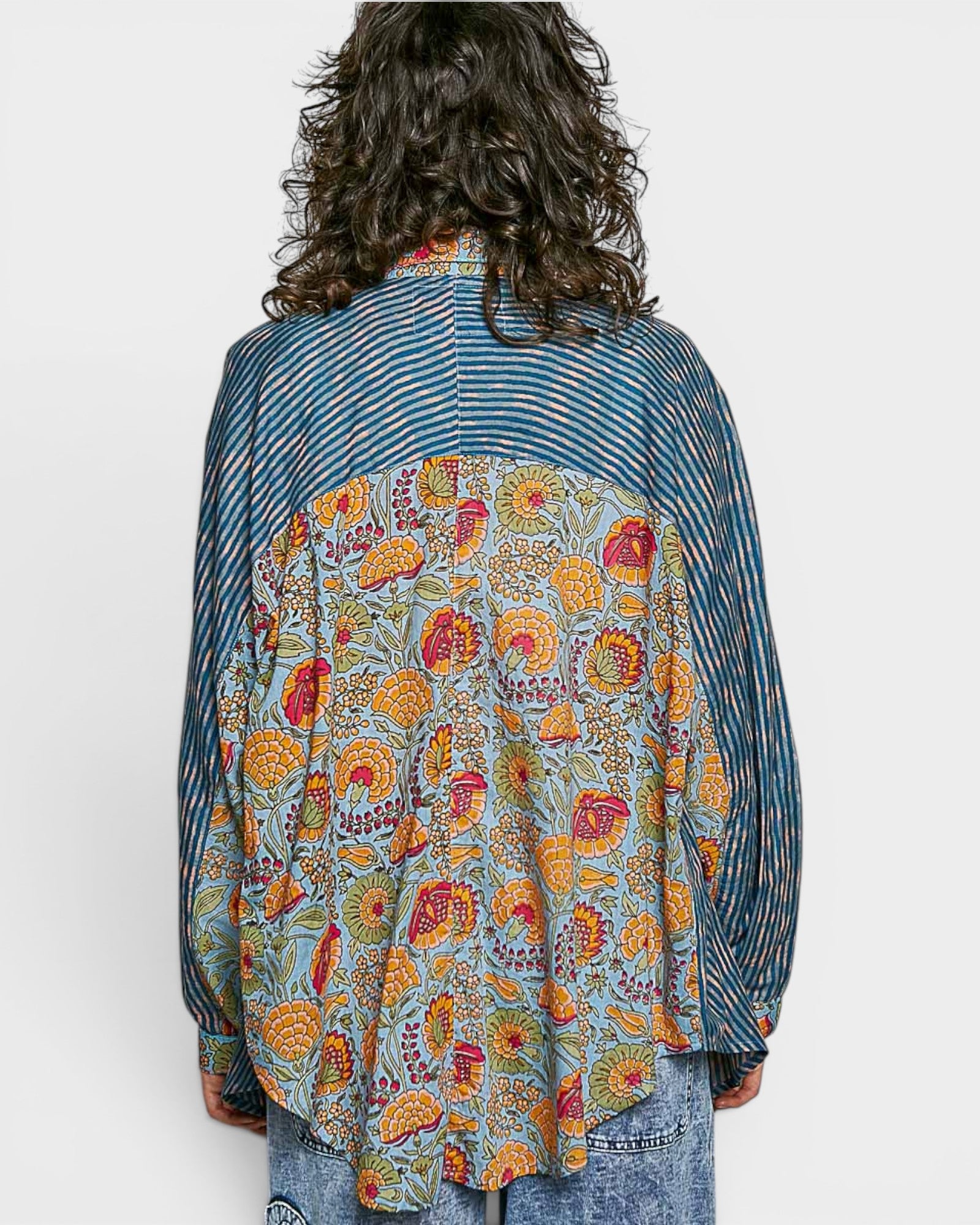 Blue Floral Stripe Button Front Shirt