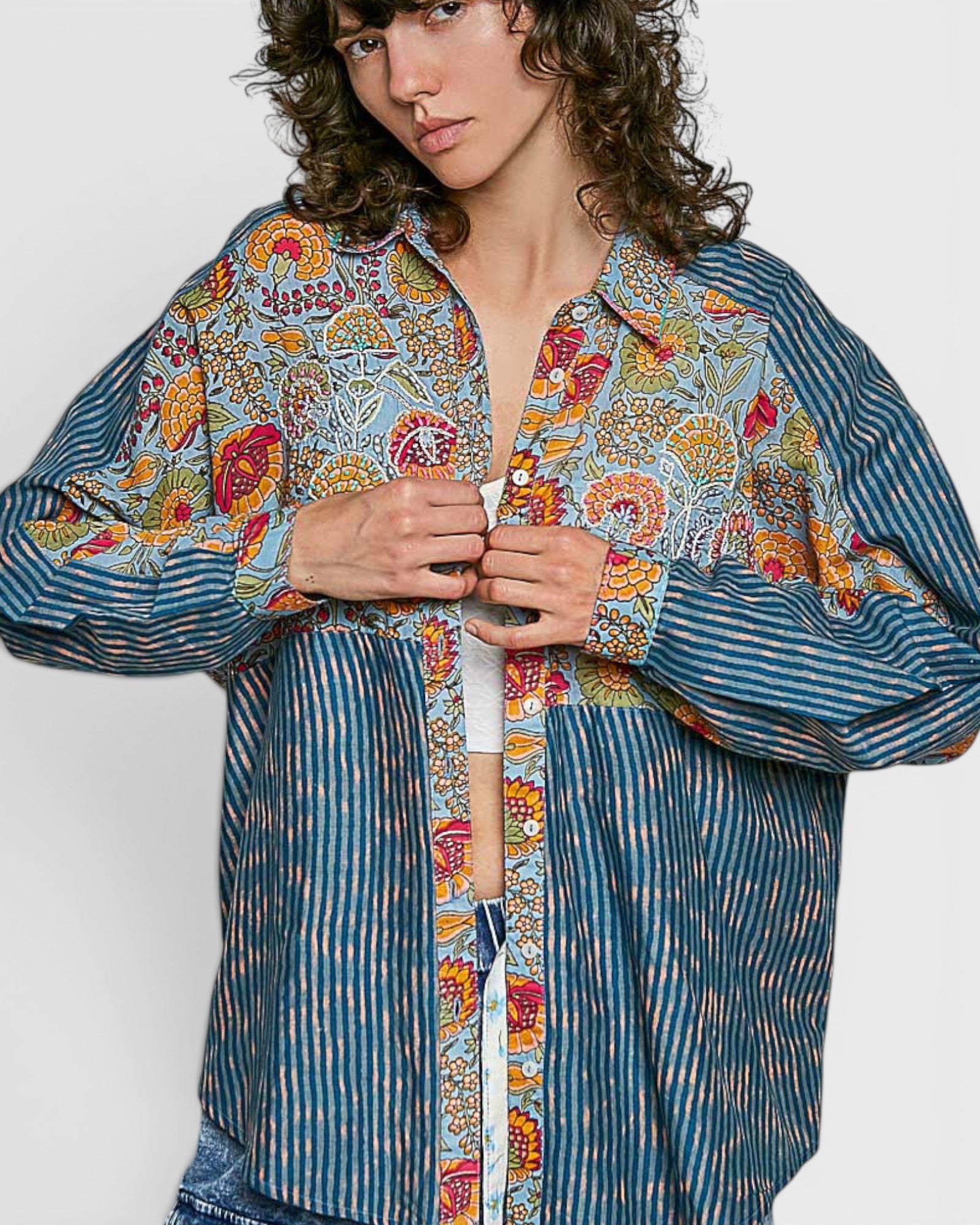 Blue Floral Stripe Button Front Shirt