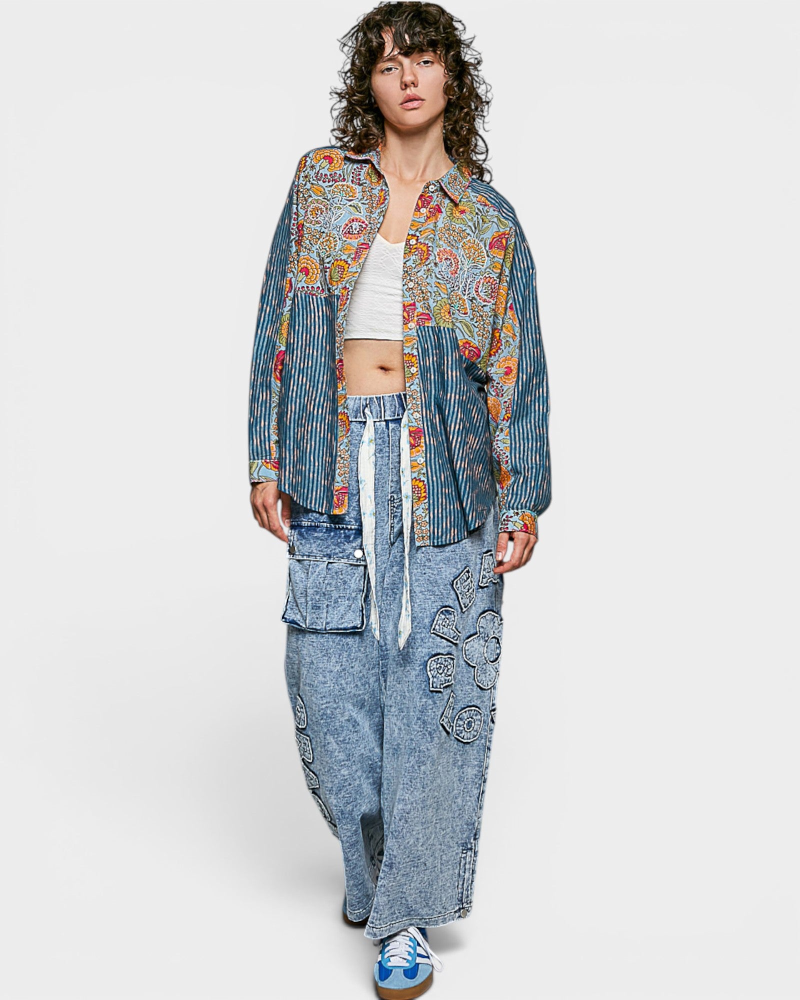Blue Floral Stripe Button Front Shirt