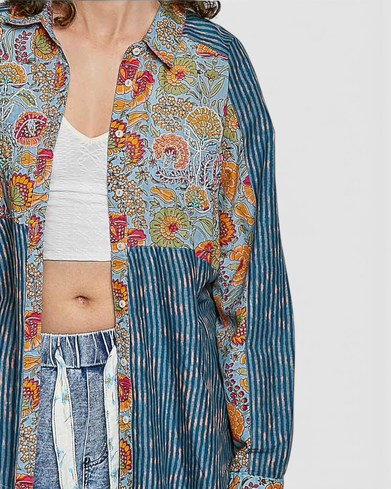 Blue Floral Stripe Button Front Shirt