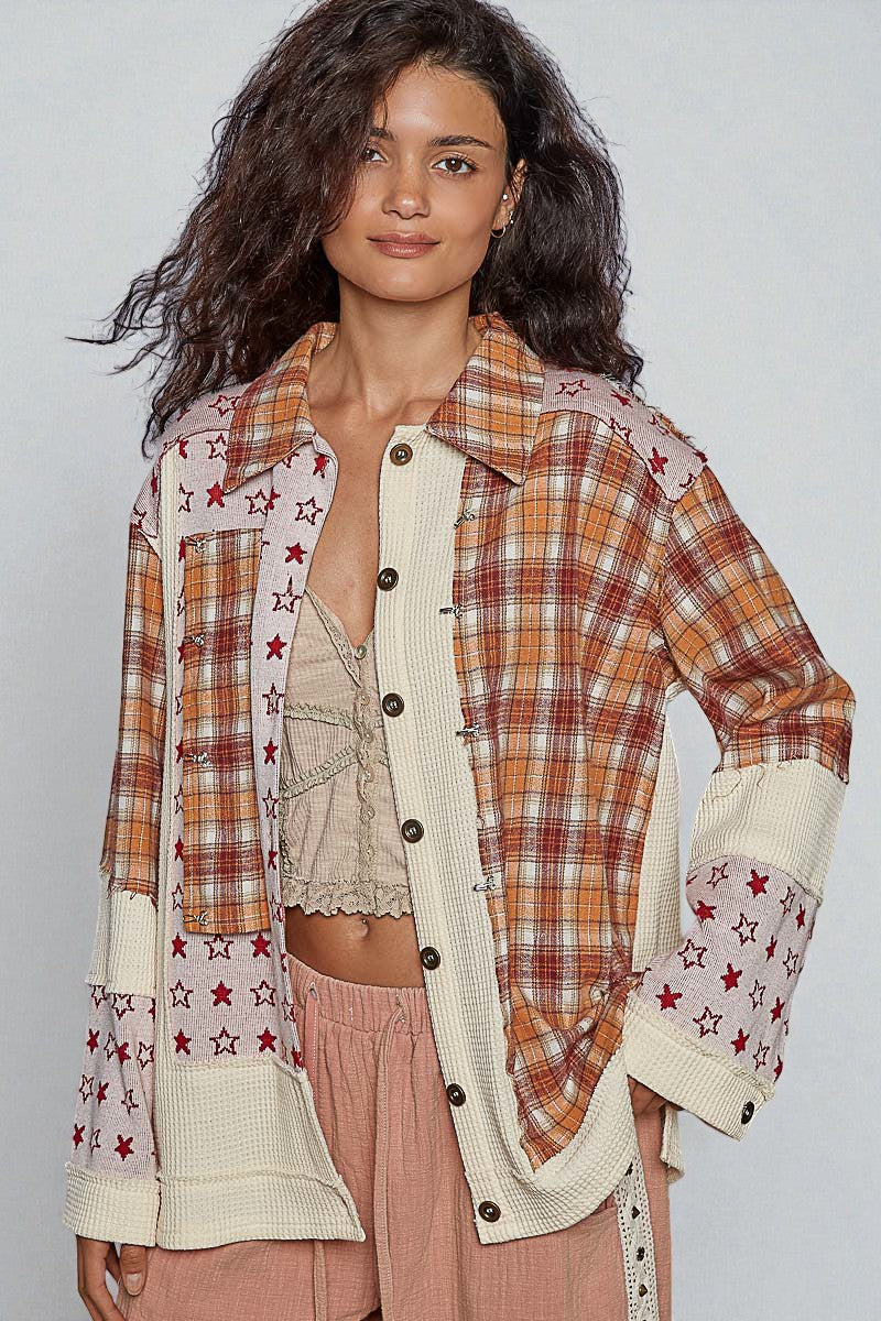 Rust Plaid & Cream Star Patchwork Shacket