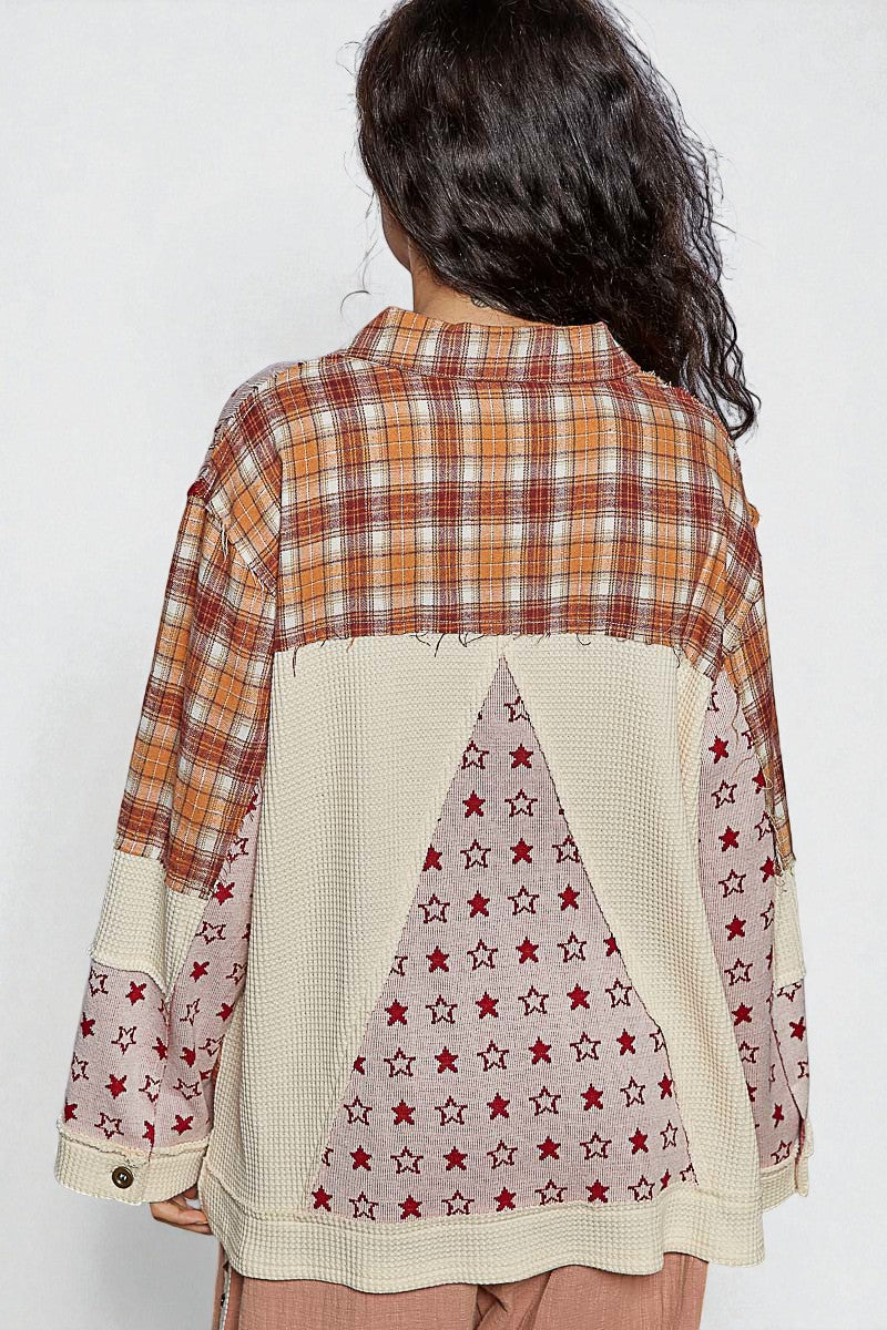 Rust Plaid & Cream Star Patchwork Shacket