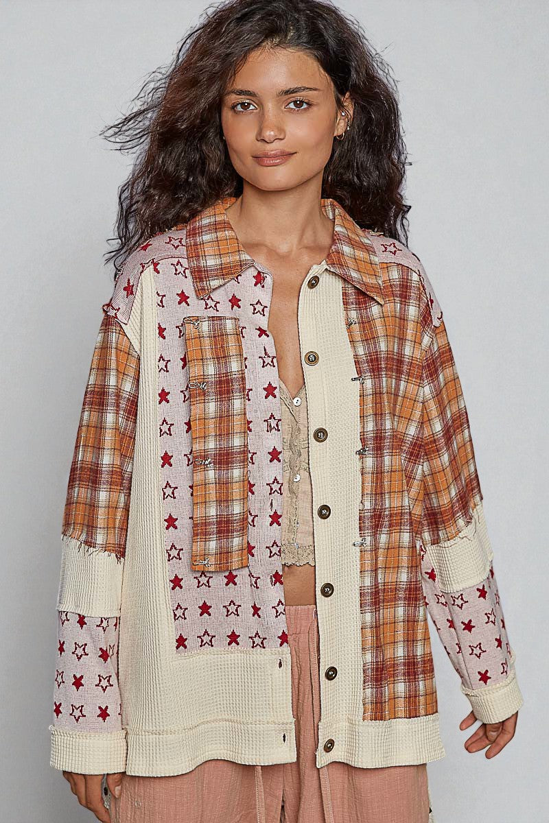 Rust Plaid & Cream Star Patchwork Shacket