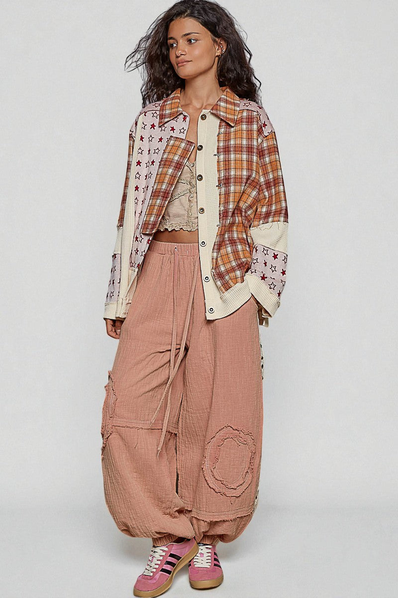Rust Plaid & Cream Star Patchwork Shacket