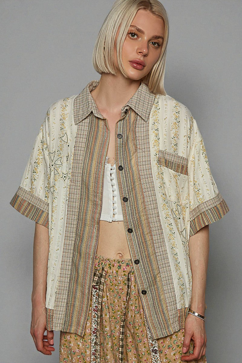 Sage Stripe Patchwork Button Down Top