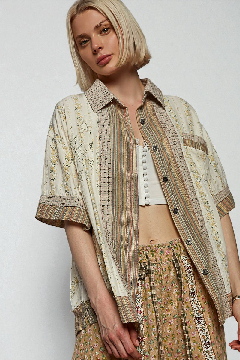 Sage Stripe Patchwork Button Down Top