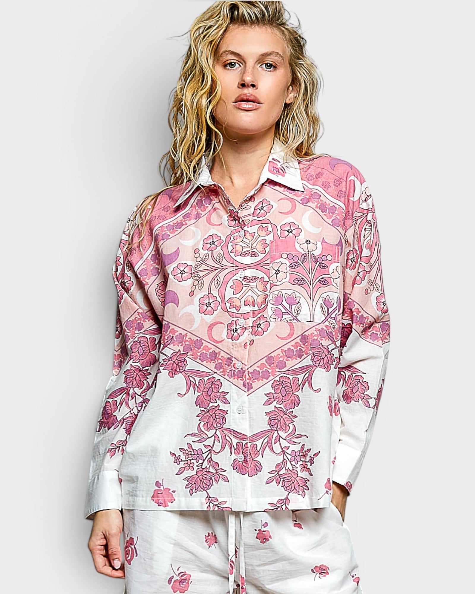 Ivory & Pink Floral Print Button-Front Blouse