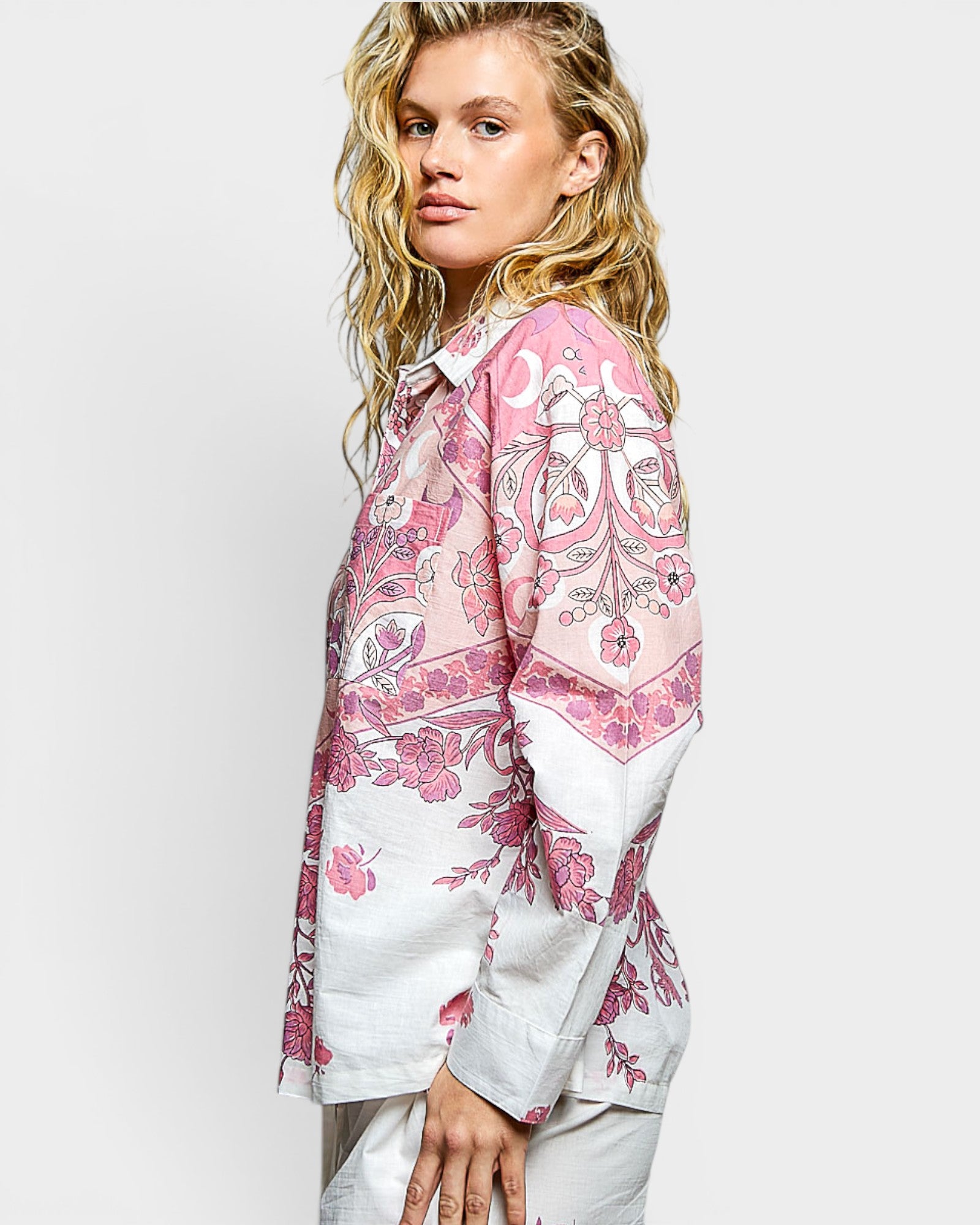 Ivory & Pink Floral Print Button-Front Blouse