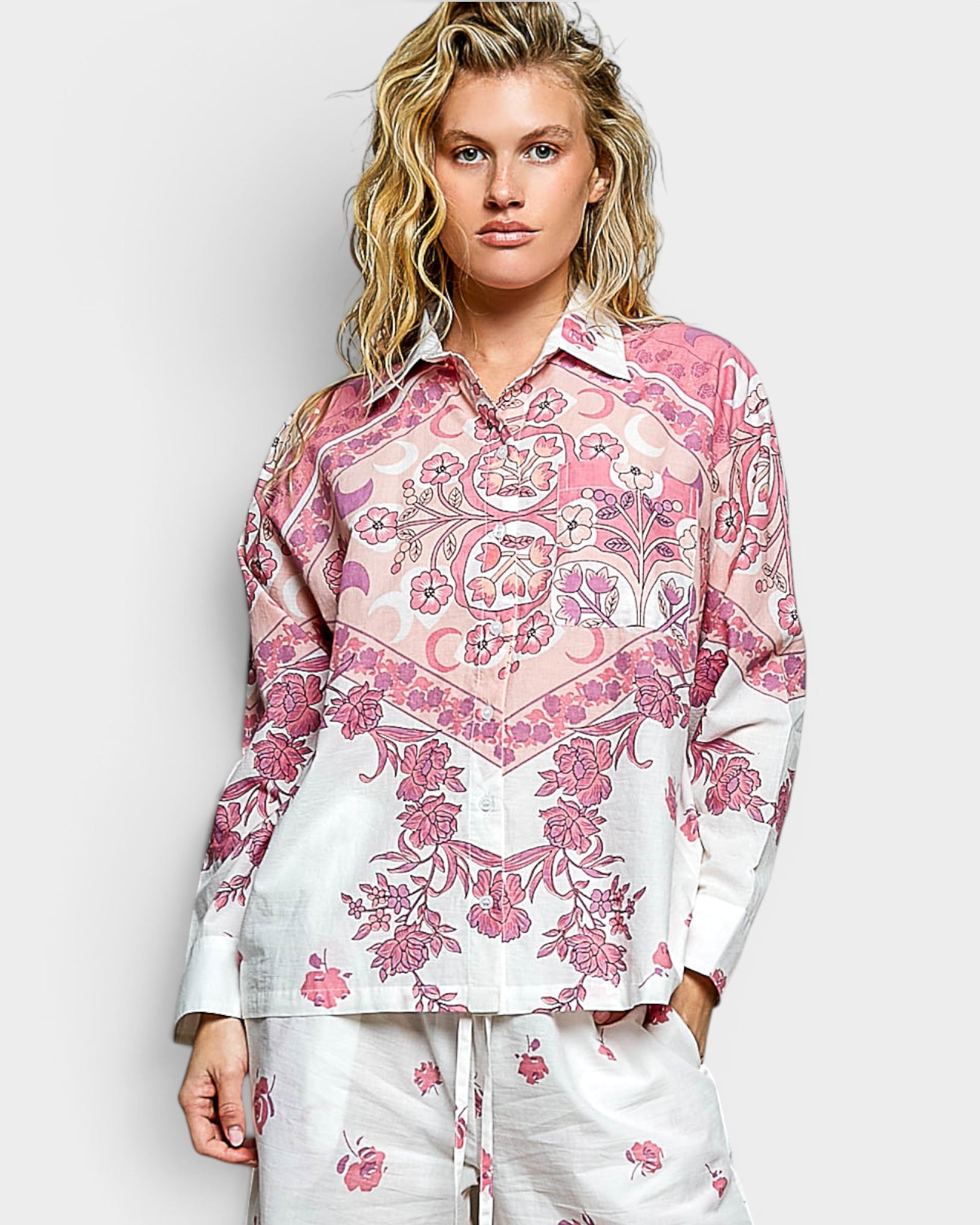 Ivory & Pink Floral Print Button-Front Blouse