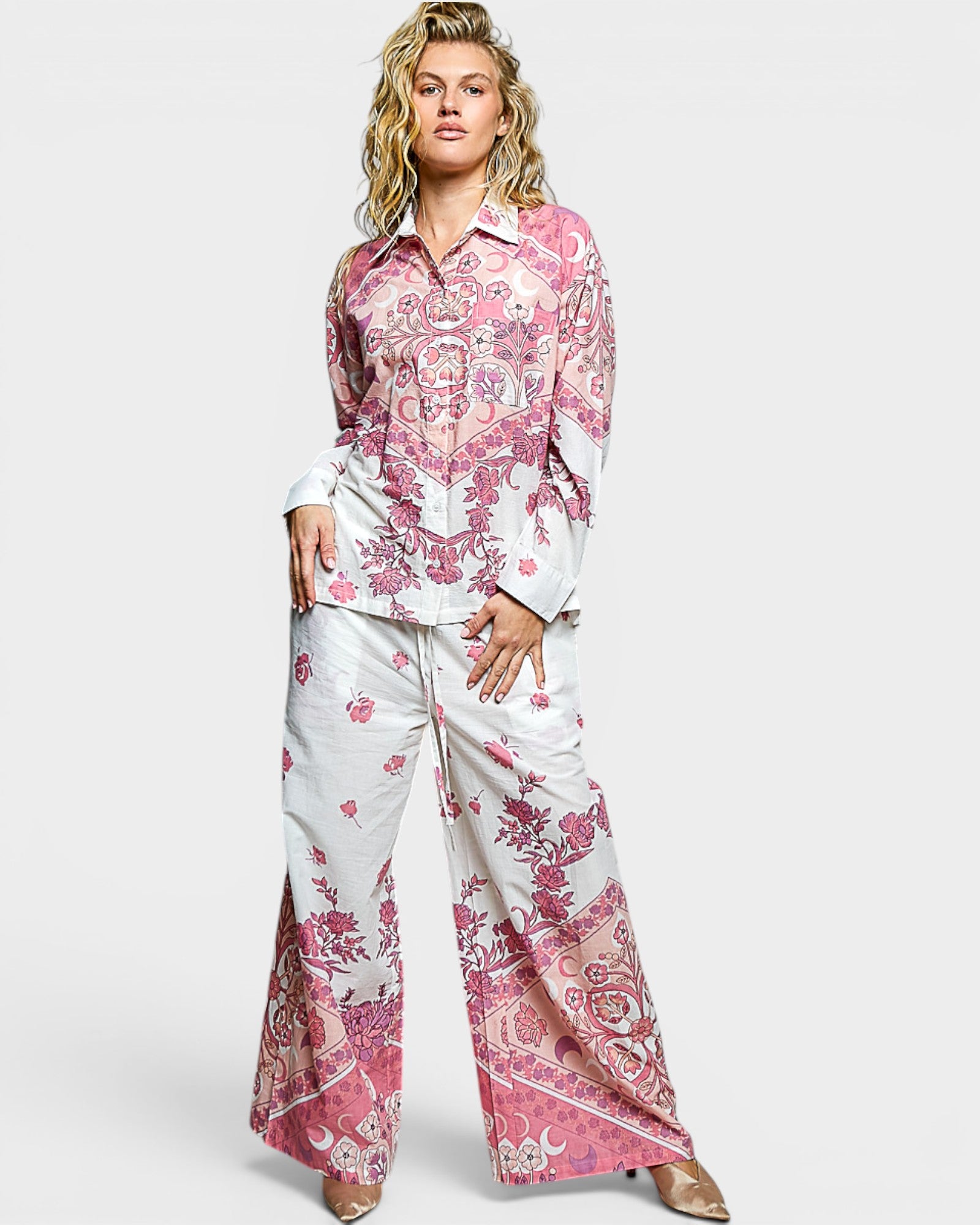 Ivory & Pink Floral Print Button-Front Blouse